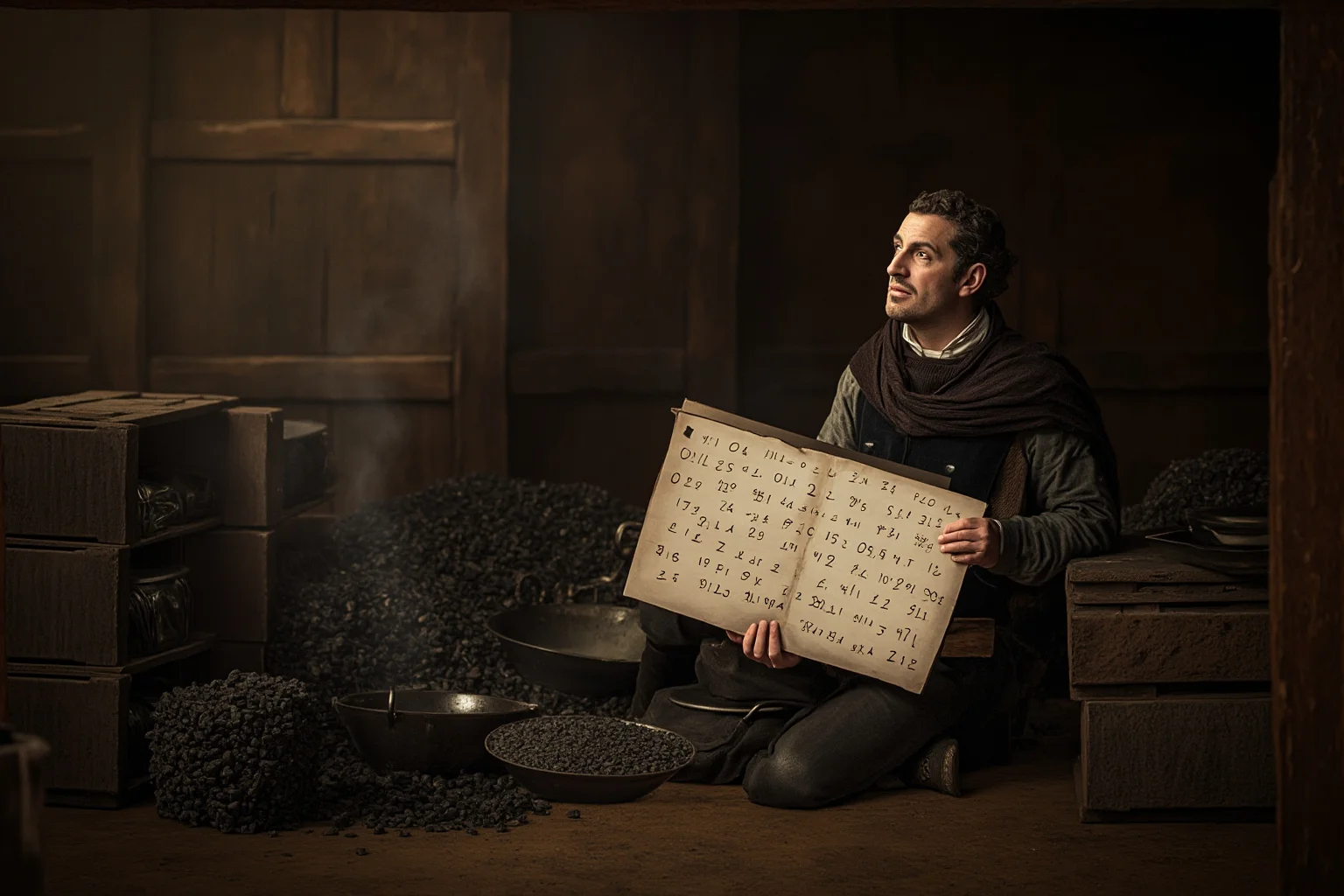 18th century merchant surrounded by crates of coal and warming pans, holding a page filled with punctuation marks