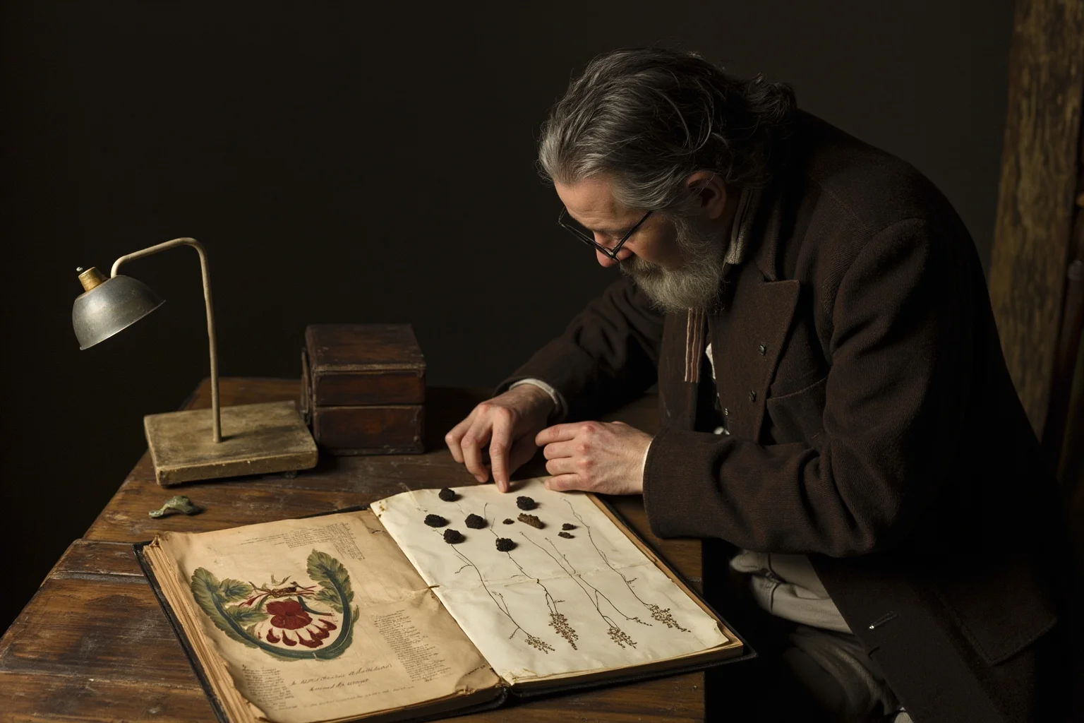 18th century naturalist in a modest coat examining pressed plant specimens and botanical illustrations at a wooden table