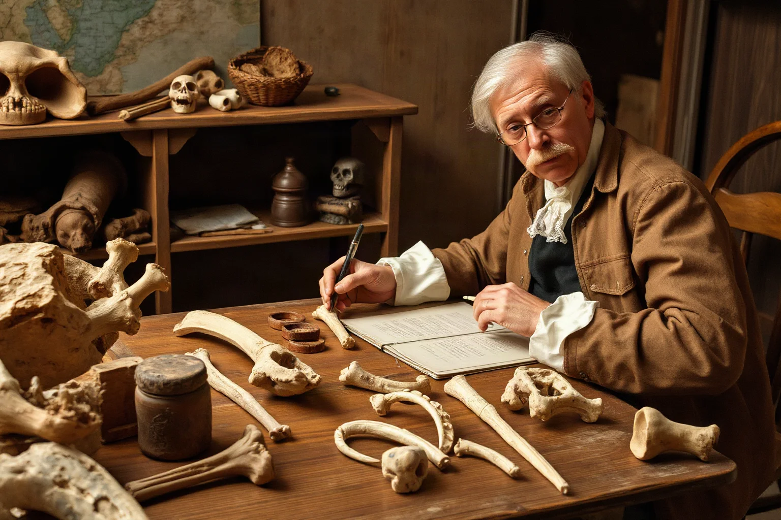 18th-century naturalist studying fossilized bones on a wooden table, early paleontology scene