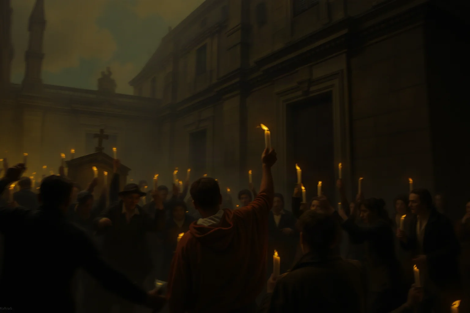 18th-century Parisian cemetery crowd scene with candles and dramatic shadows, convulsing figures suggested through motion blur