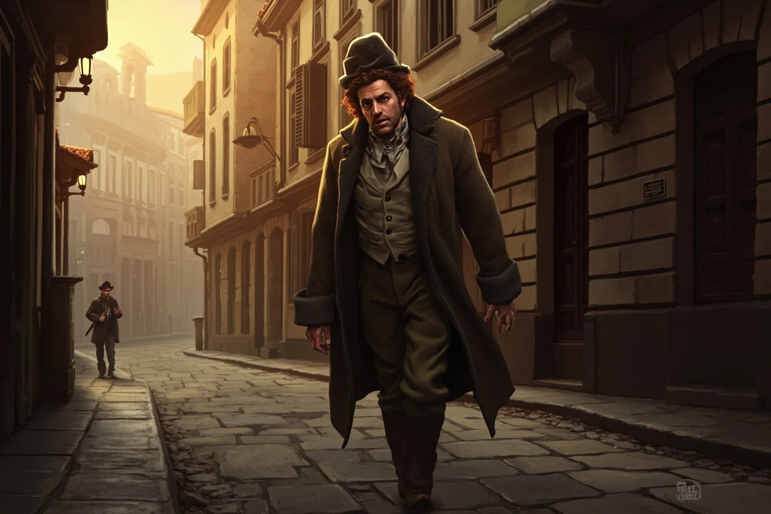 18th-century philosopher in a modest coat walking along a cobblestone European street at dawn, illustrated period style