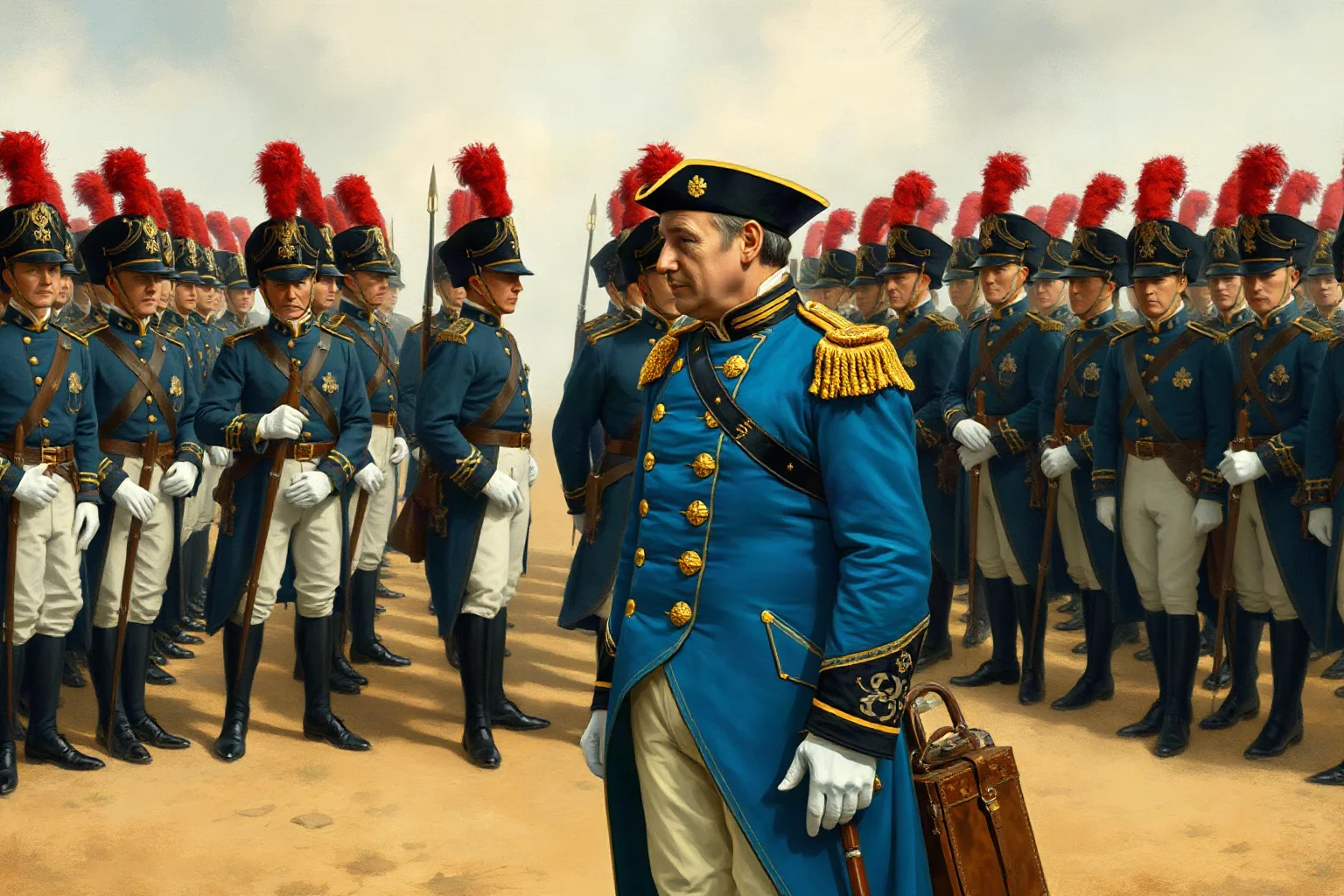 18th-century Prussian king in a blue military coat reviewing disciplined infantry ranks, illustrative historical style