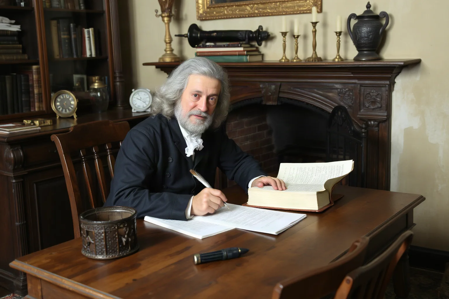18th-century Scottish philosopher writing at a wooden desk near a fireplace, quill and papers, period interior