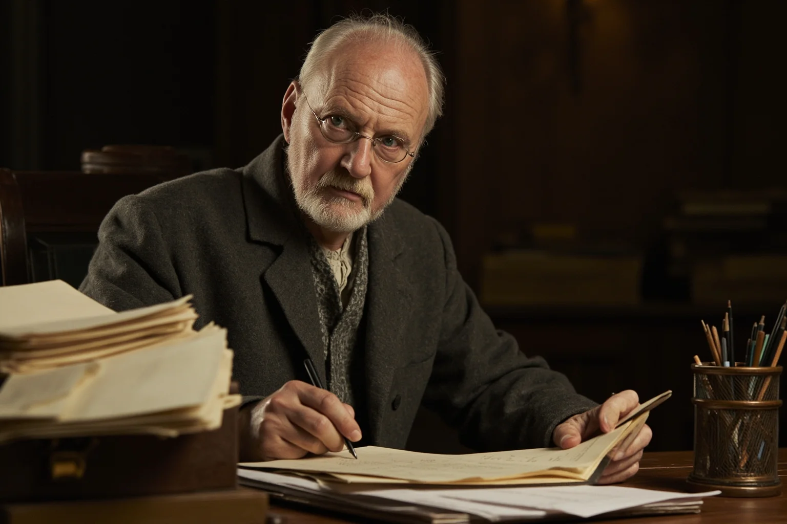 18th century Scottish scholar in a plain coat writing at a desk stacked with ledgers and economic papers