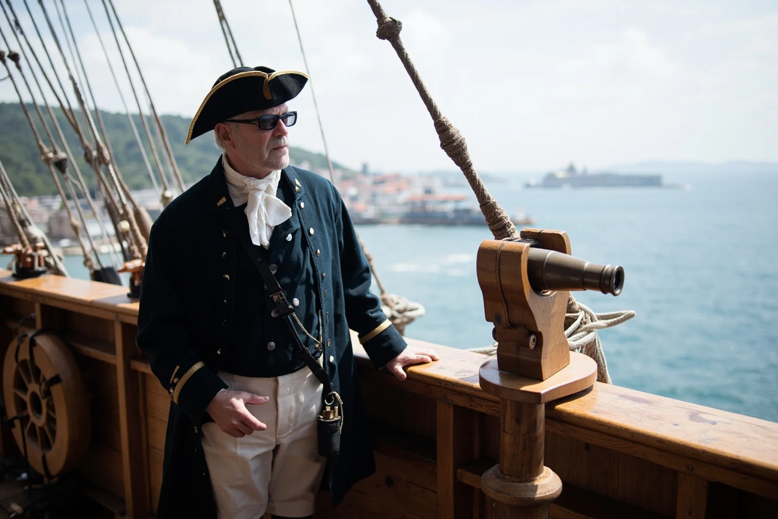 18th century sea captain in naval uniform standing on a wooden ship deck with a spyglass, ocean and distant coastline in the background