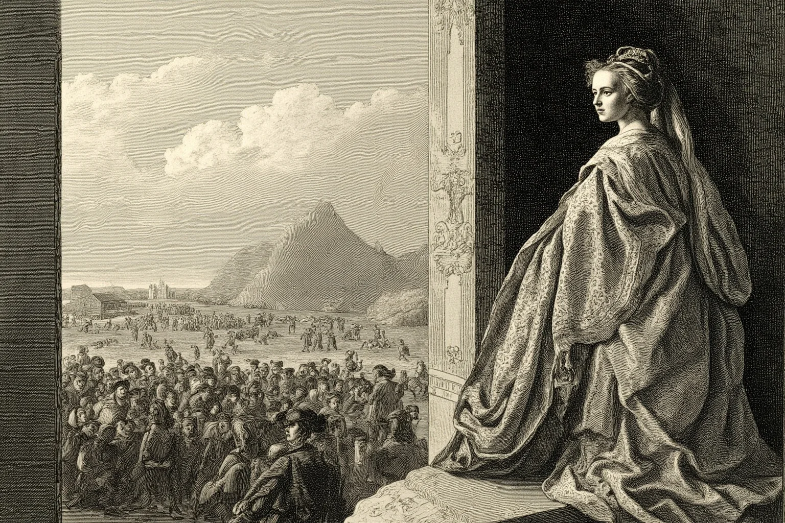 Historical Villains Who Were Actually Heroes 11 18th-century style portrait illustration of an elaborately dressed queen at a palace window overlooking a restless crowd below