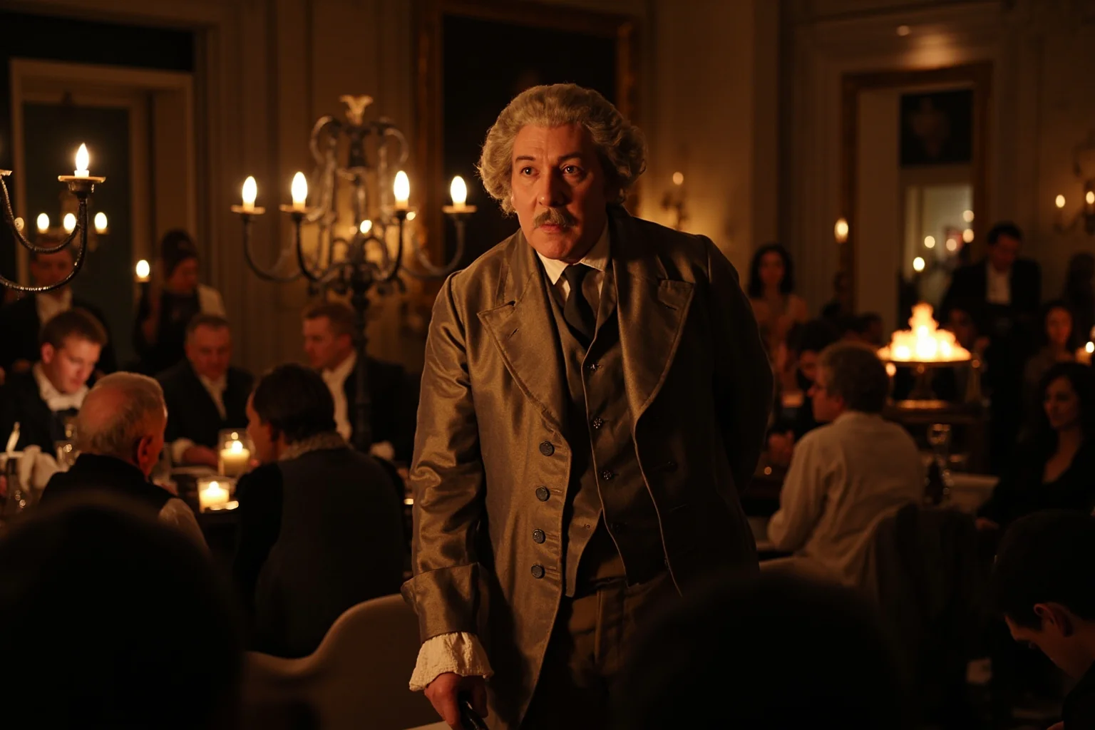 18th century traveler in fine silk coat and wig, mid-conversation in an elegant candlelit salon filled with guests