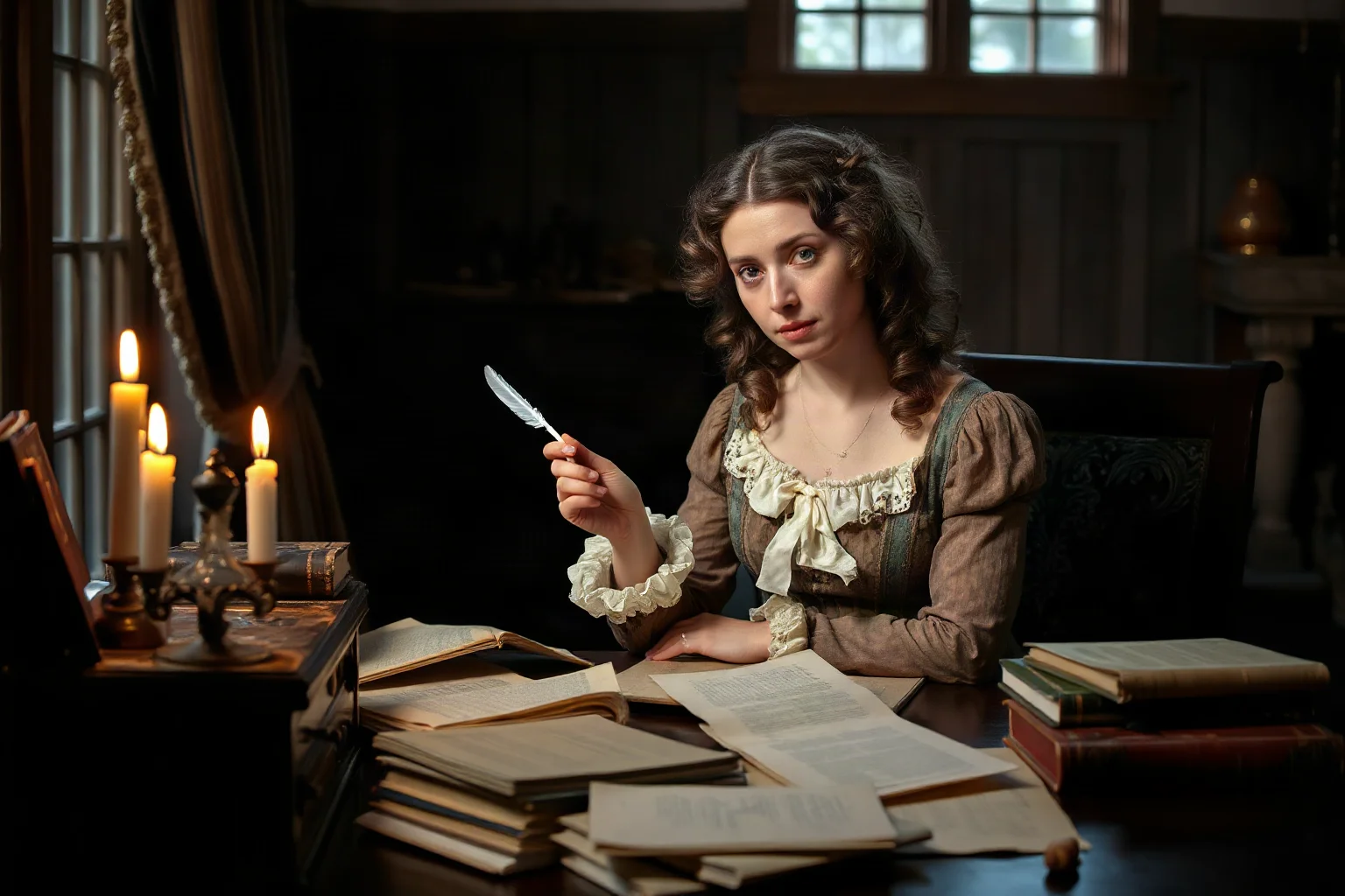 18th-century woman writer at a desk by candlelight, quill in hand, papers and books scattered, period clothing