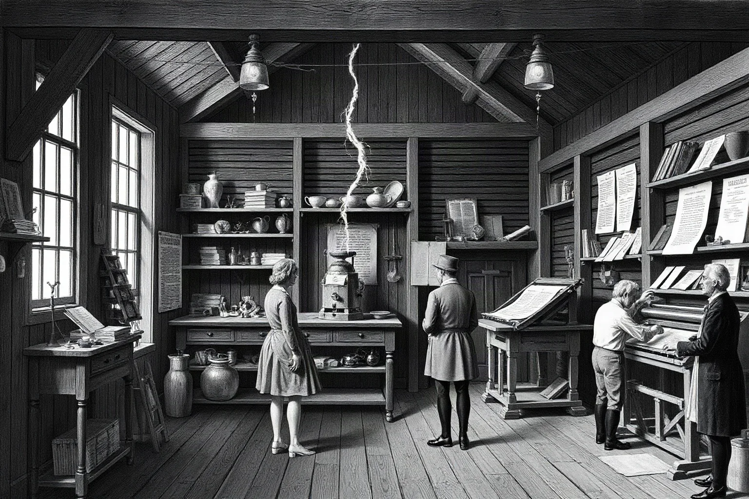 18th century workshop with electricity experiments, lightning rod apparatus, printing press, and founding documents being drafted