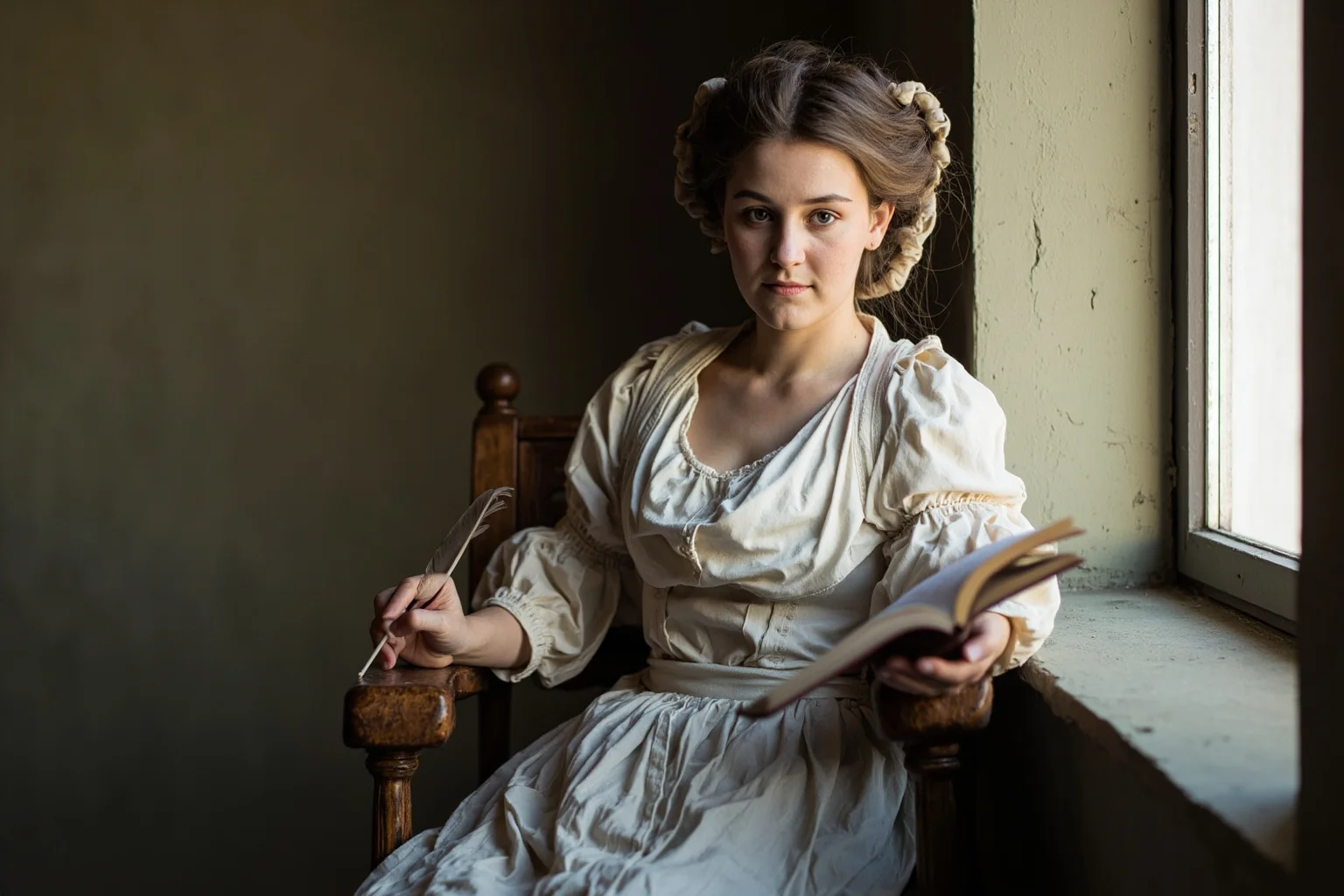 18th century young woman in colonial dress seated with a book and quill, writing poetry by a window