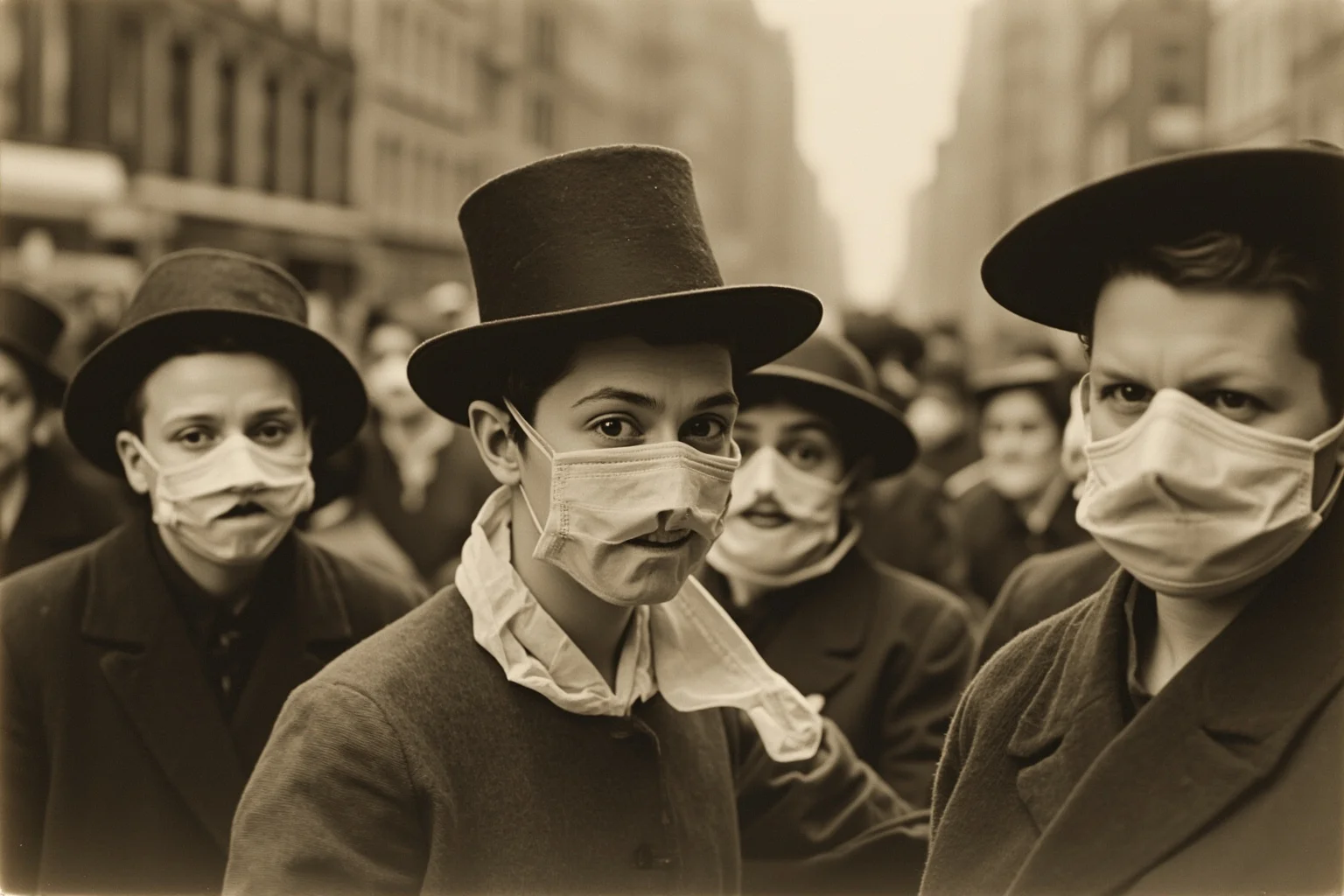 20 Deadliest Plagues That Shaped Human History 15 1918-era city street with people wearing cloth masks, vintage sepia-toned photograph style