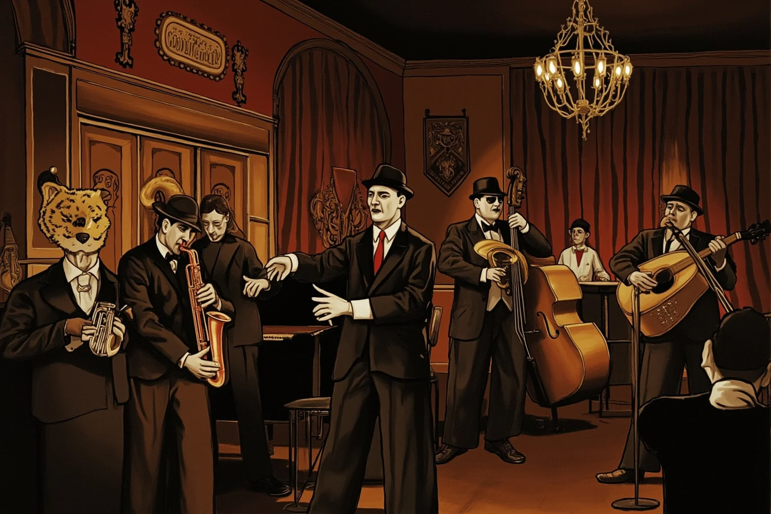 1919 New Orleans jazz club interior with musicians playing, warm vintage lighting, illustration style