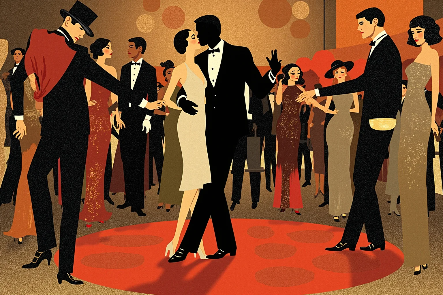 Star-Crossed Lovers: The 22 Greatest Historical Romances Ever 14 1920s Art Deco illustration of a stylish couple dancing at a lavish Jazz Age party