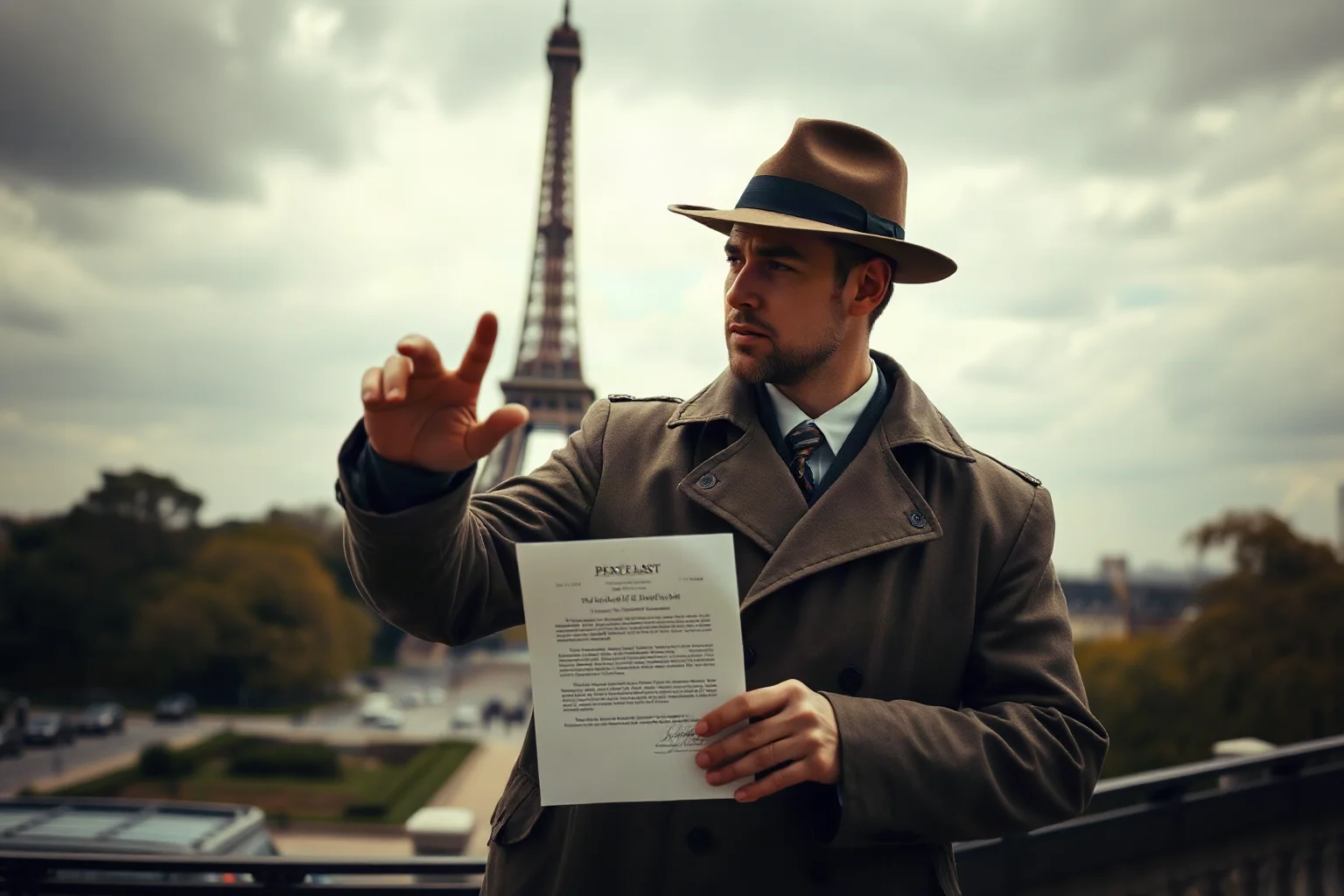 1920s con man in a trench coat and fedora gesturing toward the Eiffel Tower with a fraudulent sale document