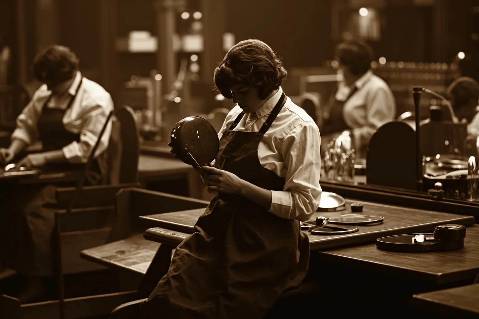 1920s factory workroom with young women painting clock faces at wooden desks, warm sepia lighting