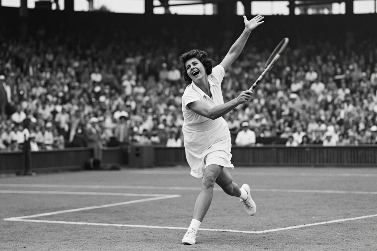 Female Athletes In History Who Changed The Game 3 1920s female tennis player in a knee-length white dress mid-swing on a grass court, large stadium crowd behind her