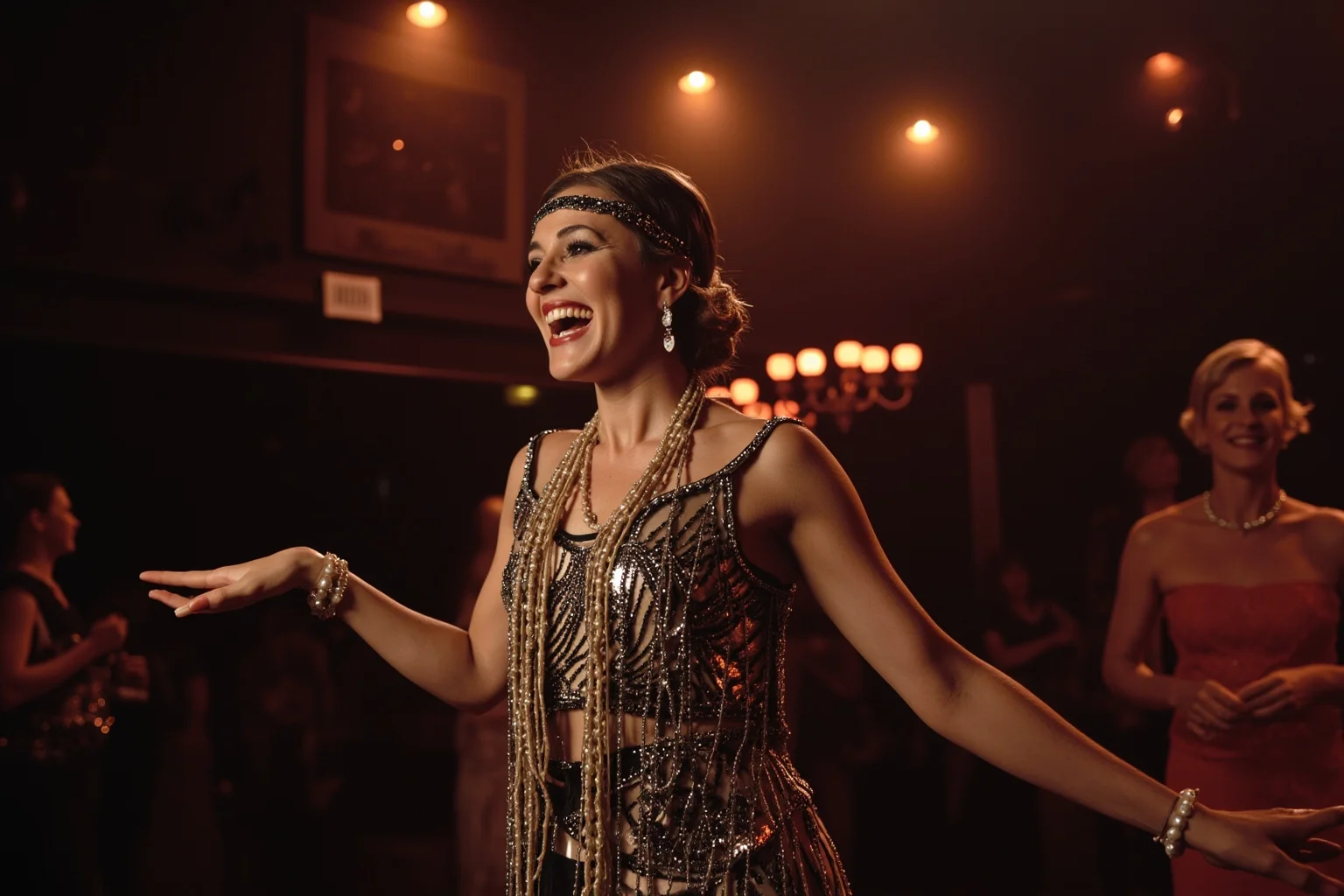 Biggest Fads Throughout American History 3 1920s flapper dancing the Charleston in a beaded dress at a lively dance hall