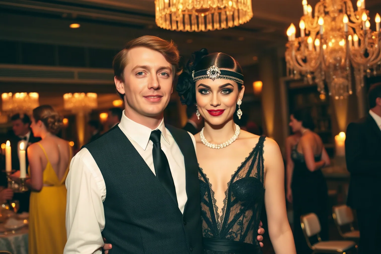 1920s flapper-era couple in glamorous evening wear at a lavish jazz-age party
