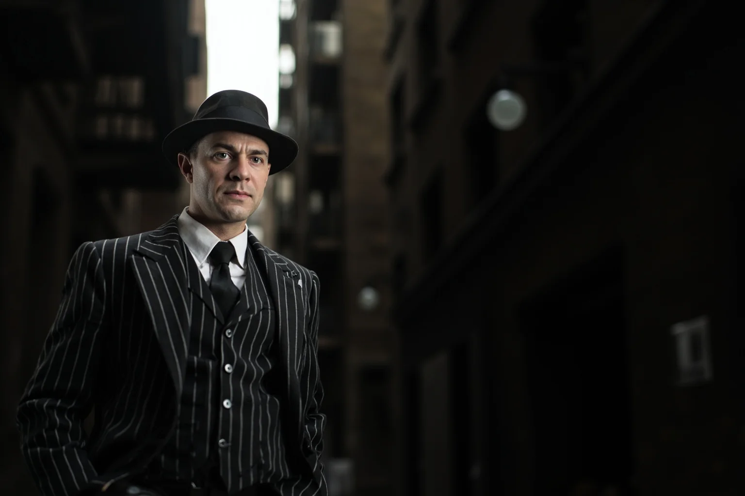 1920s gangster in a pinstripe suit and fedora standing in a shadowy city alley