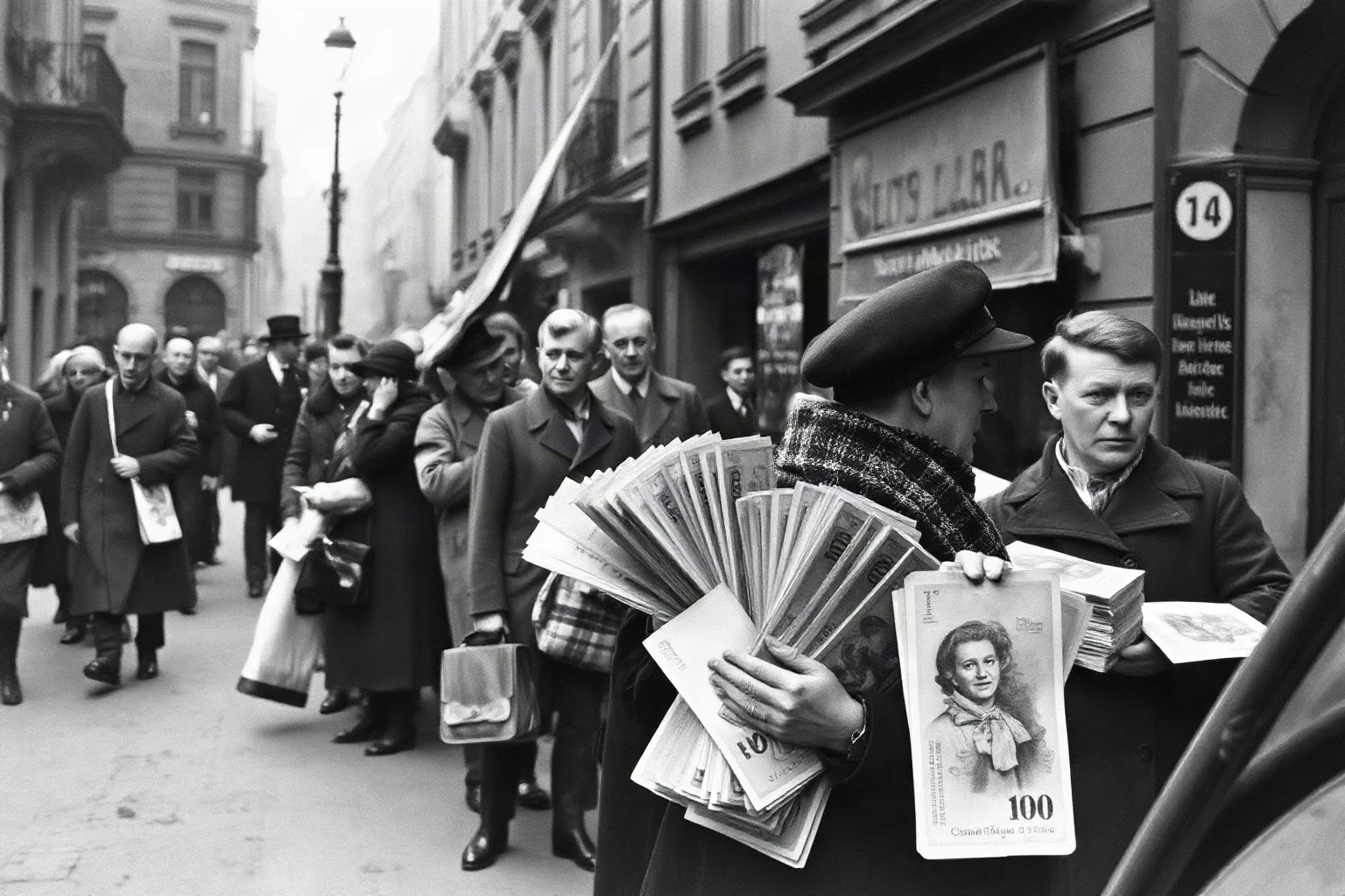1920s German street scene with hyperinflation bread lines, people holding stacks of worthless currency, economic despair visible