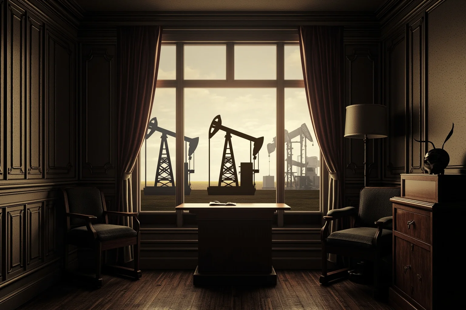 1920s government office with oil derricks visible through the window, symbolizing a political bribery scandal