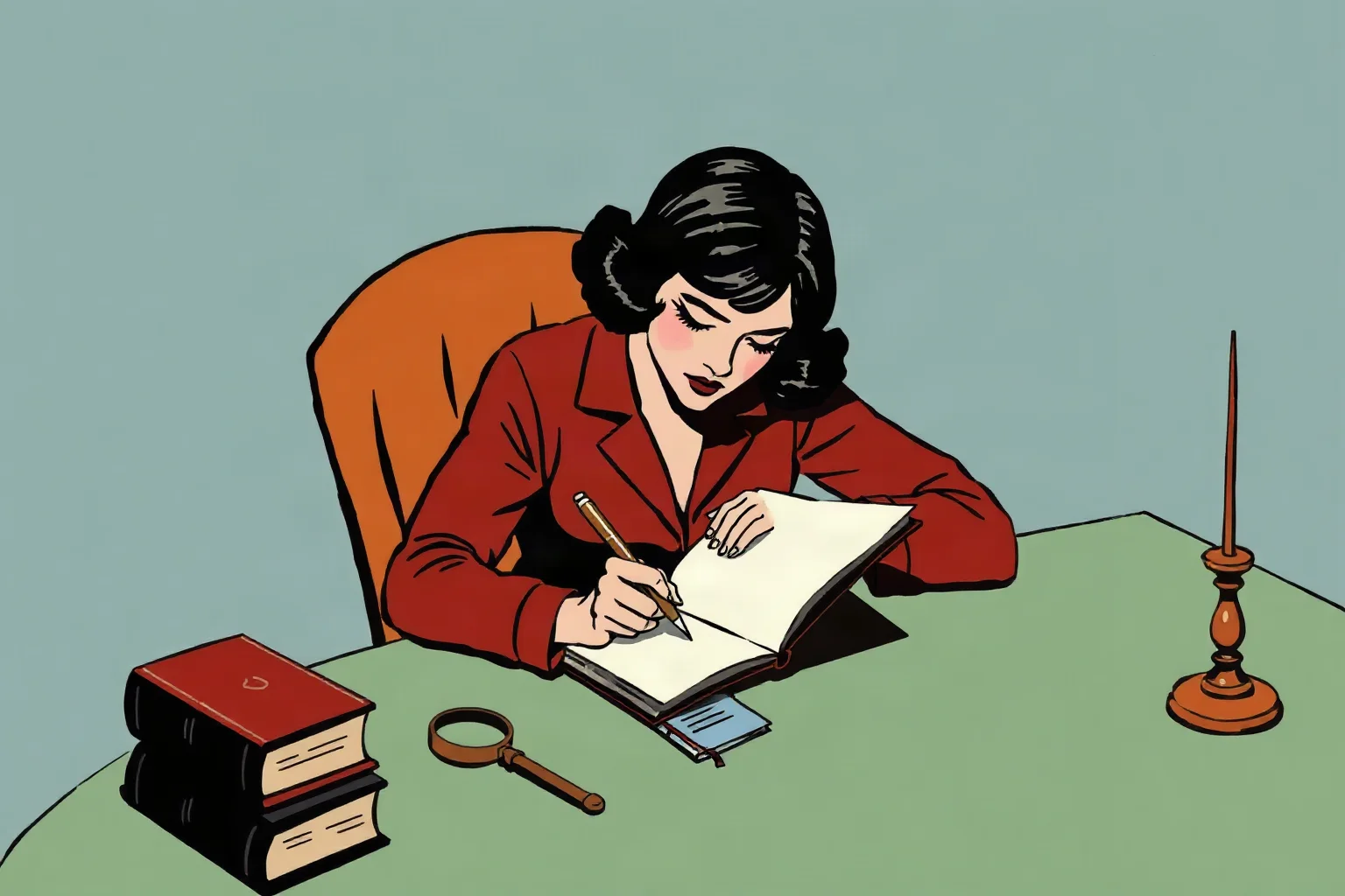 1920s illustration of a mystery novelist woman writing at a desk with a magnifying glass and detective novel props nearby