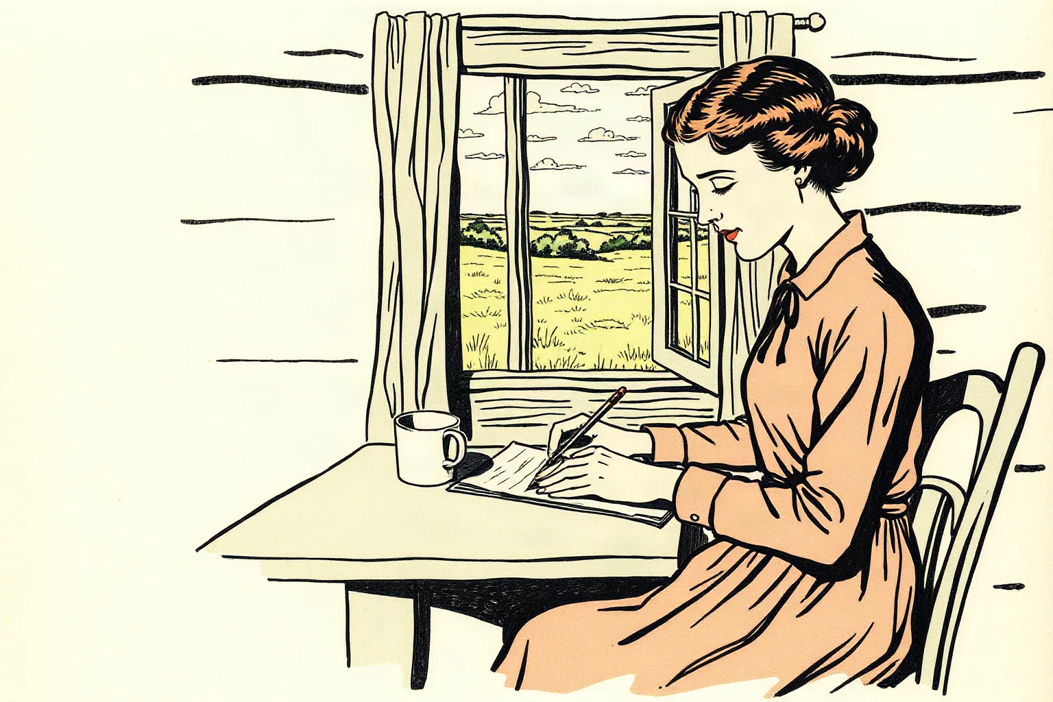 1920s illustration of a woman writer at a rustic desk with prairie landscape visible through the window