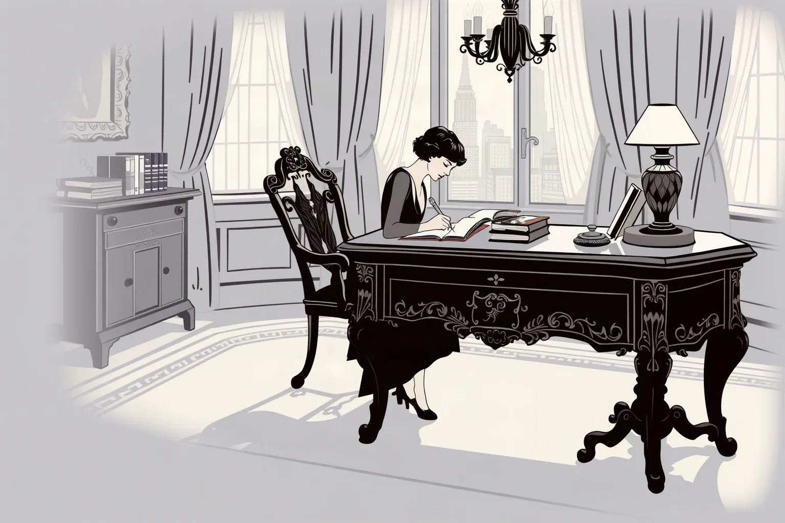 1920s illustration of an elegant woman novelist writing at an ornate desk in a New York townhouse