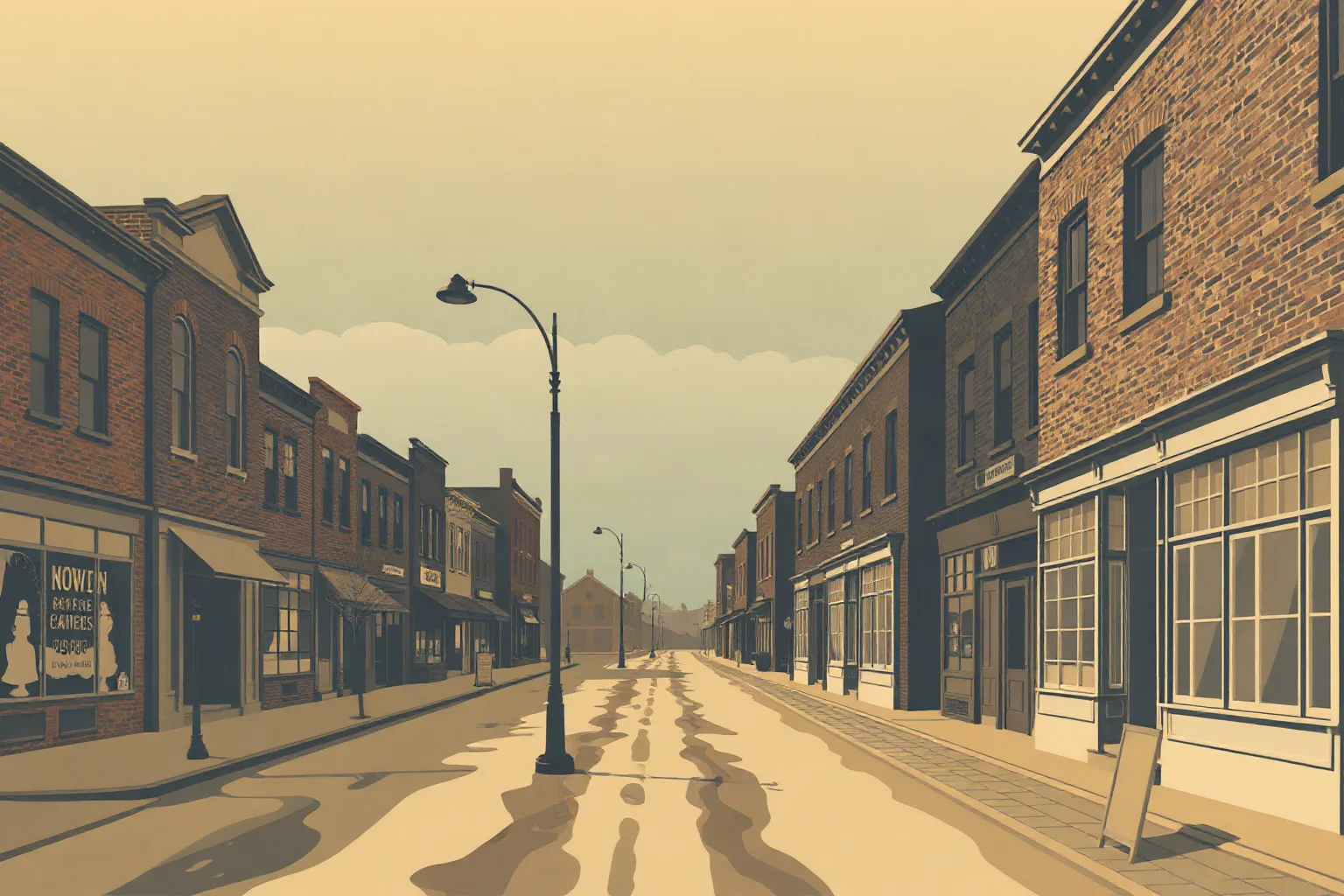 1920s prosperous American town street with brick storefronts before destruction, warm sepia illustration