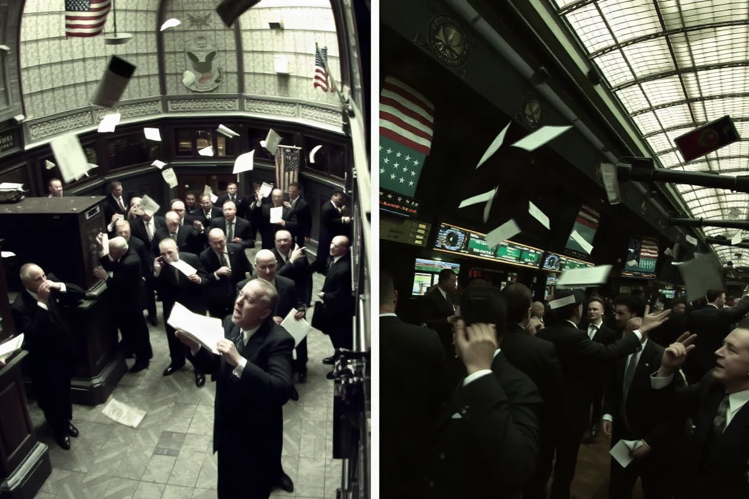 1920s stock exchange trading floor in panic with men shouting and papers flying; separately, 2008 modern trading floor in crisis