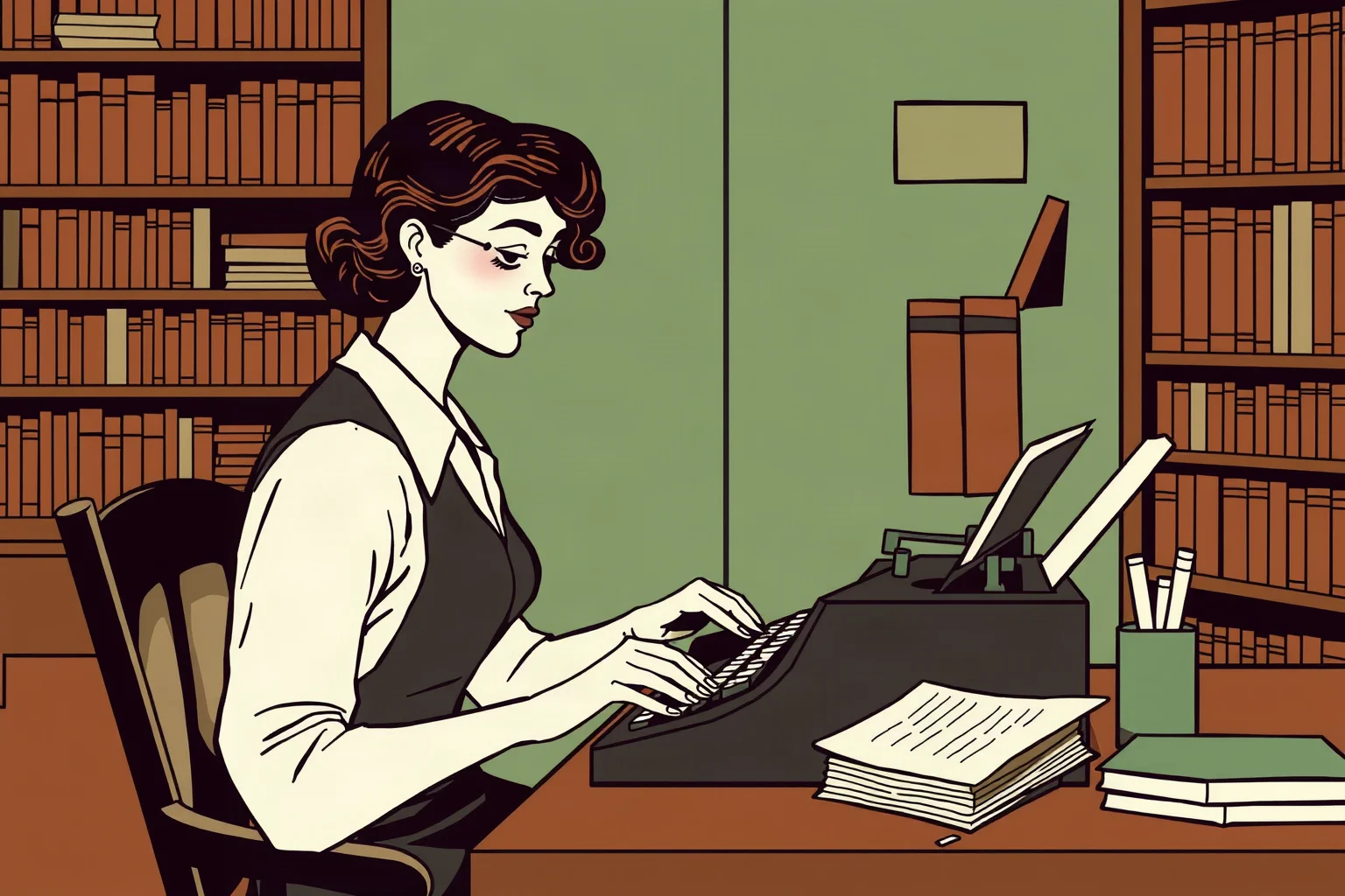 1920s-style illustration of a modernist woman writer at a typewriter in a book-lined London study
