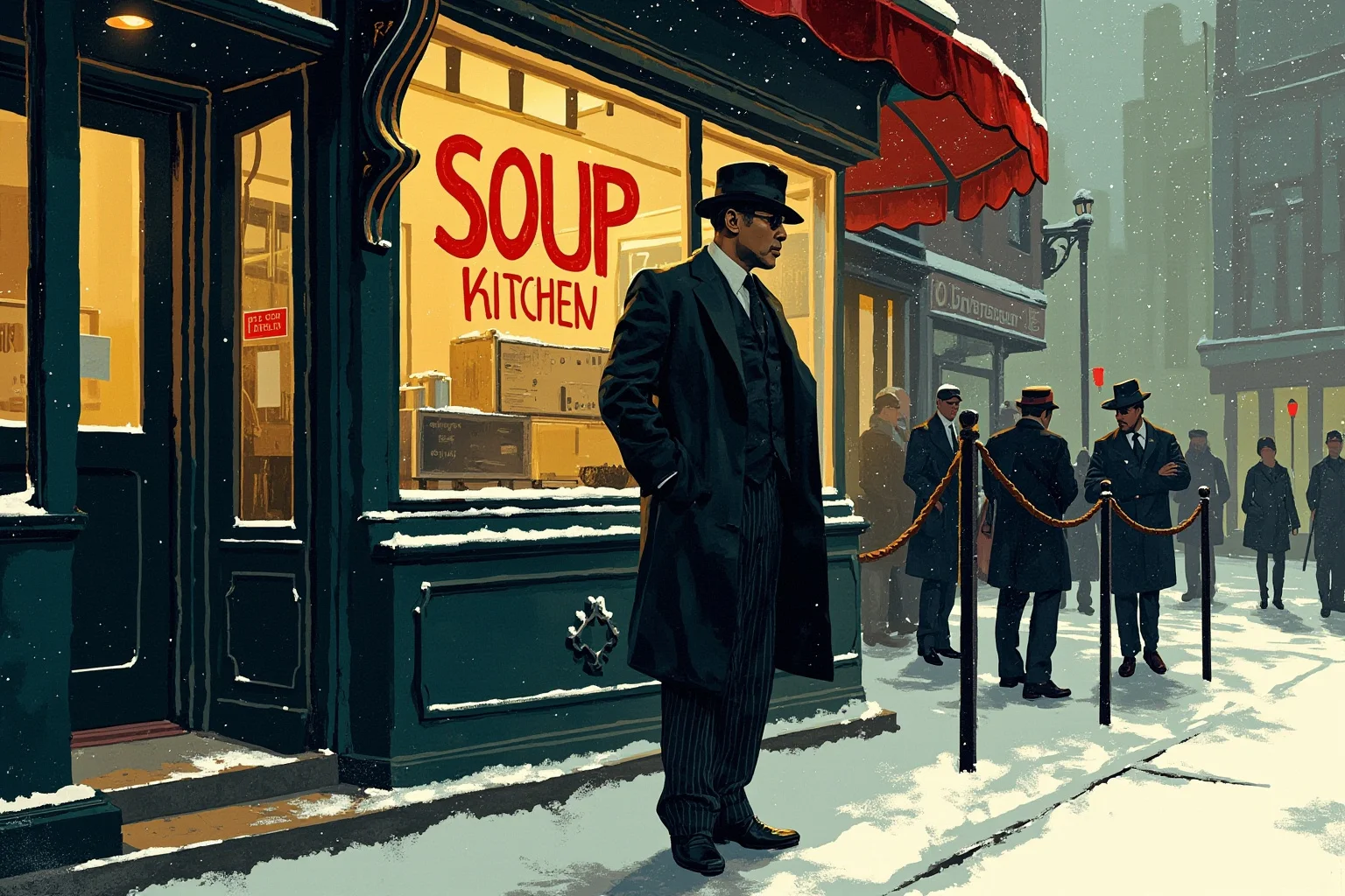 Historical Villains Who Were Actually Heroes 18 1920s style illustration of a sharply dressed gangster in a fedora standing outside a soup kitchen line in a snowy city street