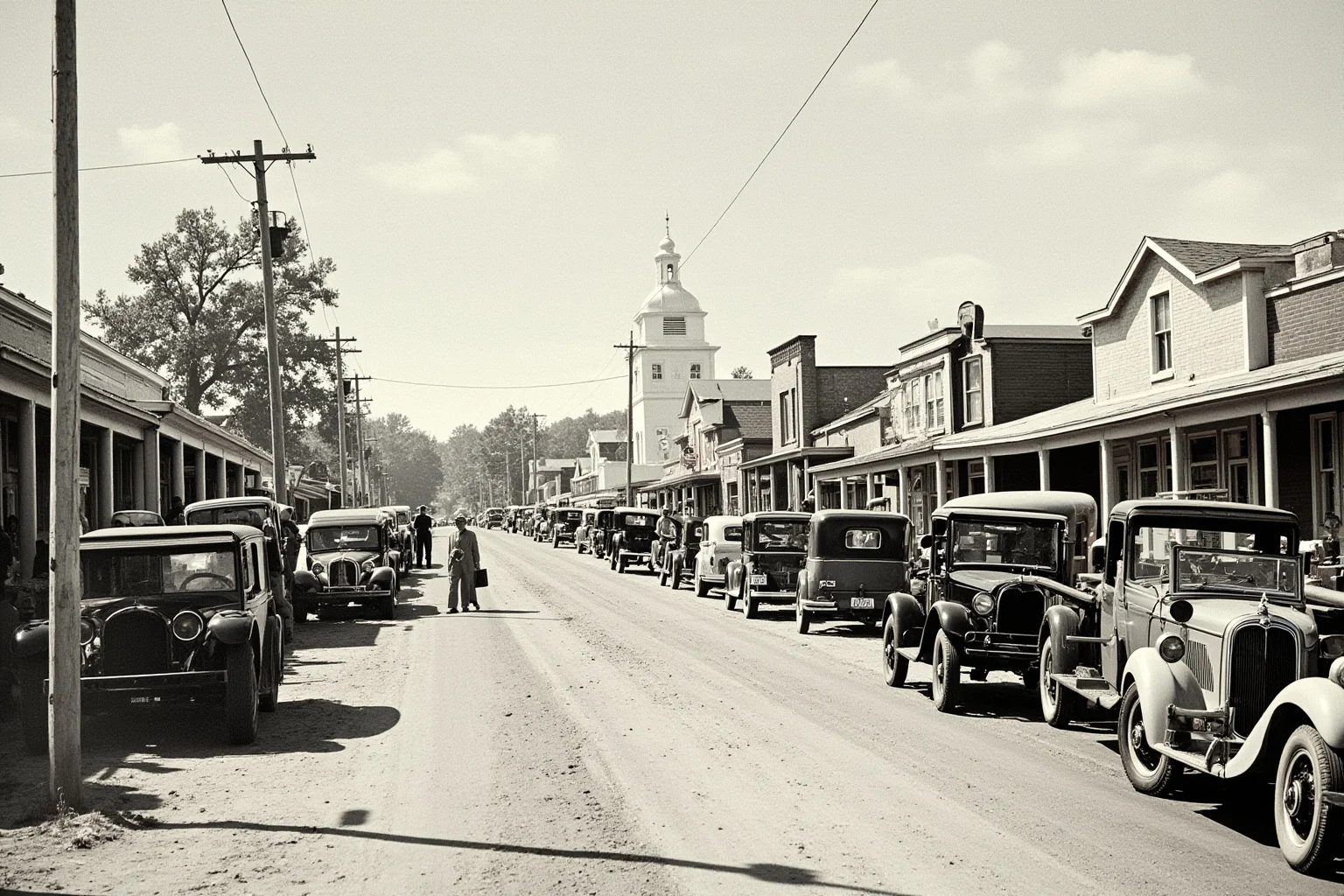 Public Executions Were Once The Most Attended Events In Town — Here's What That Says About Us 21 1930s American small town gathering with old cars parked along dirt roads, illustrative historical style