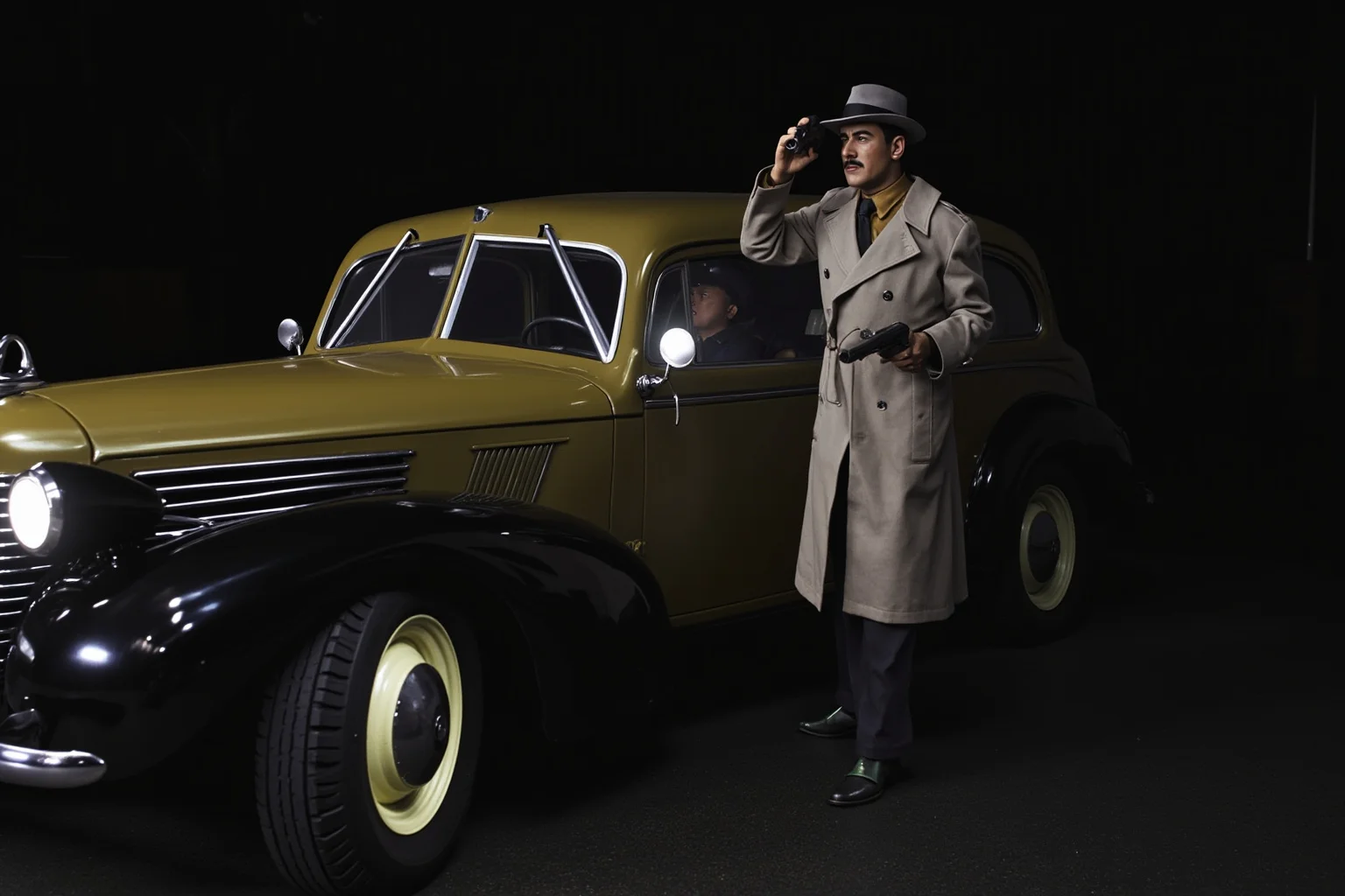 1930s bank robber in a trench coat standing beside a vintage getaway car at night