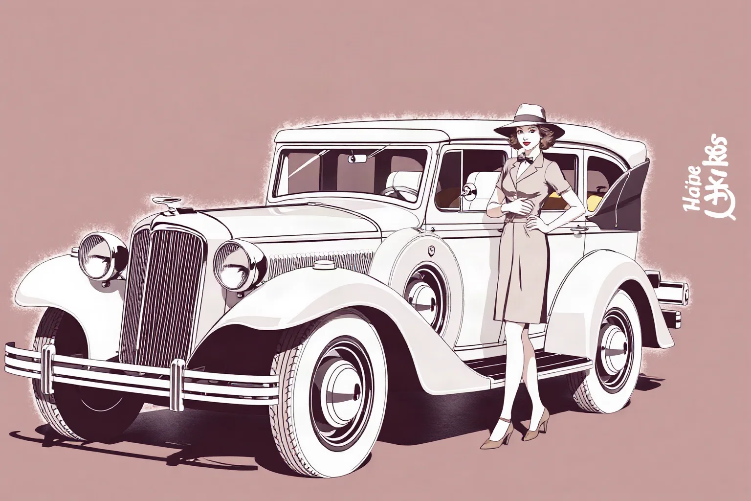 1930s black-and-white style illustration of a stylish man and woman standing beside a vintage getaway car