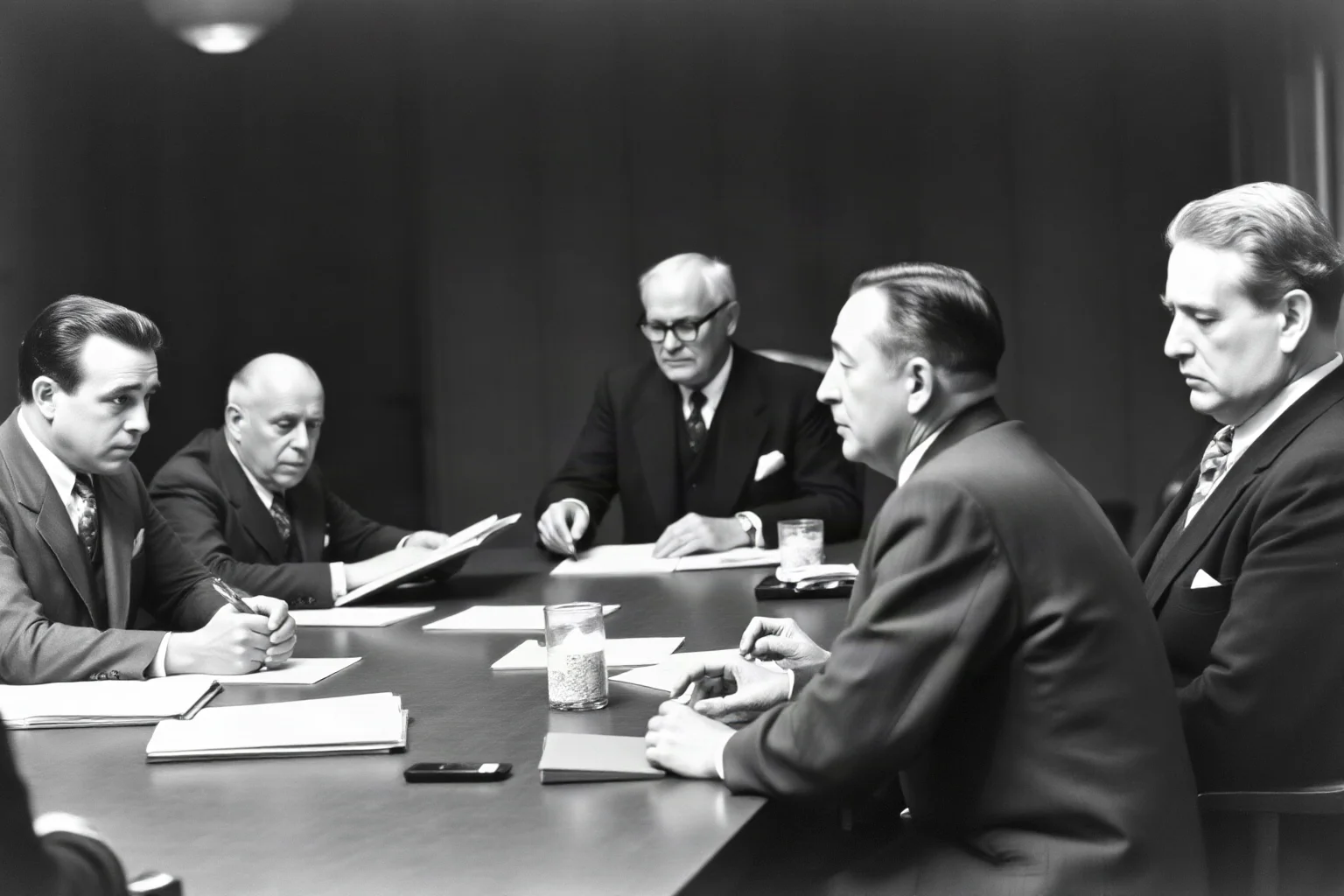 1930s diplomats in formal attire meeting at a conference table, one authoritative leader presenting territorial demands while others look uncertain