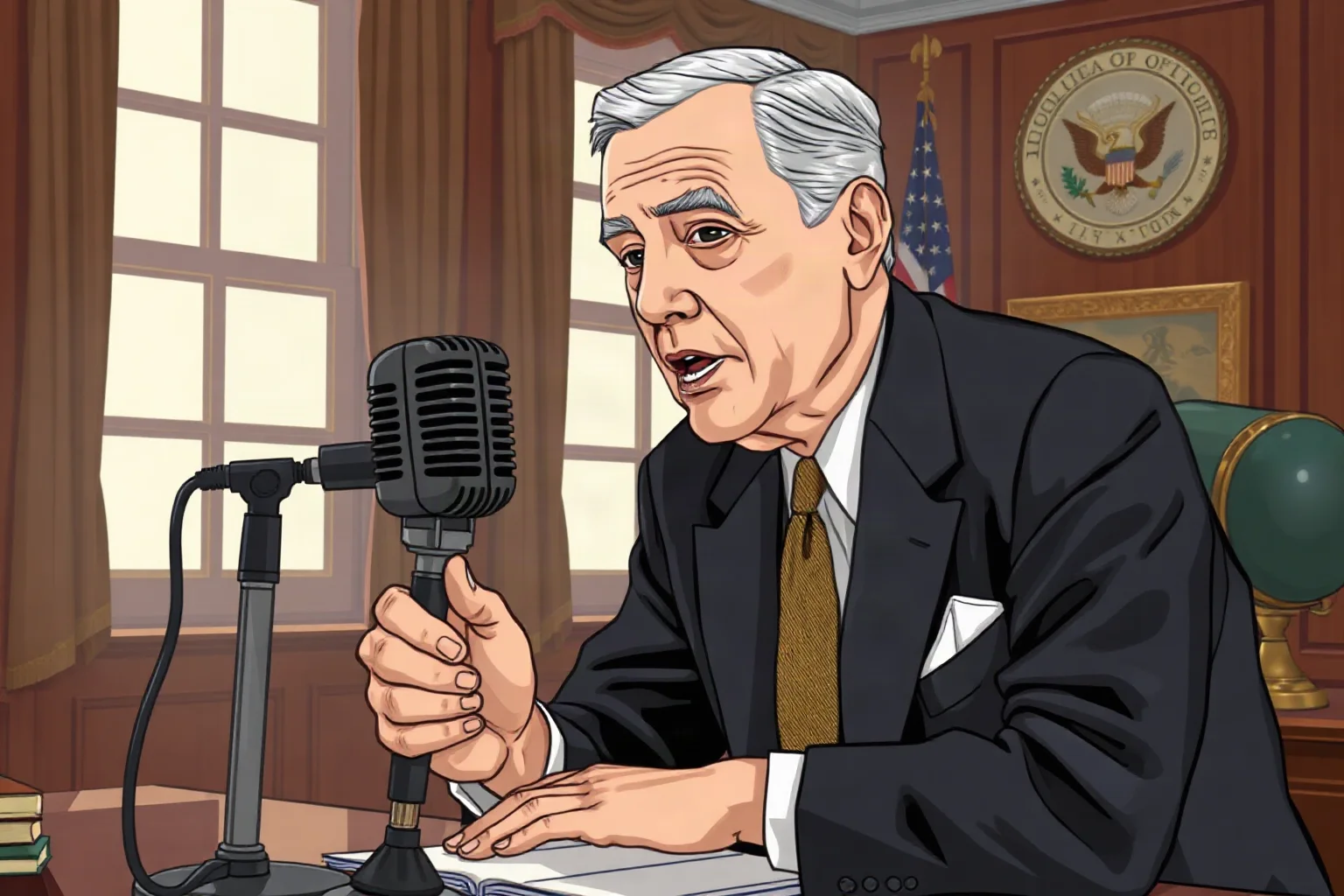 1930s-era American president speaking into a vintage radio microphone in a wood-paneled office, illustrated style