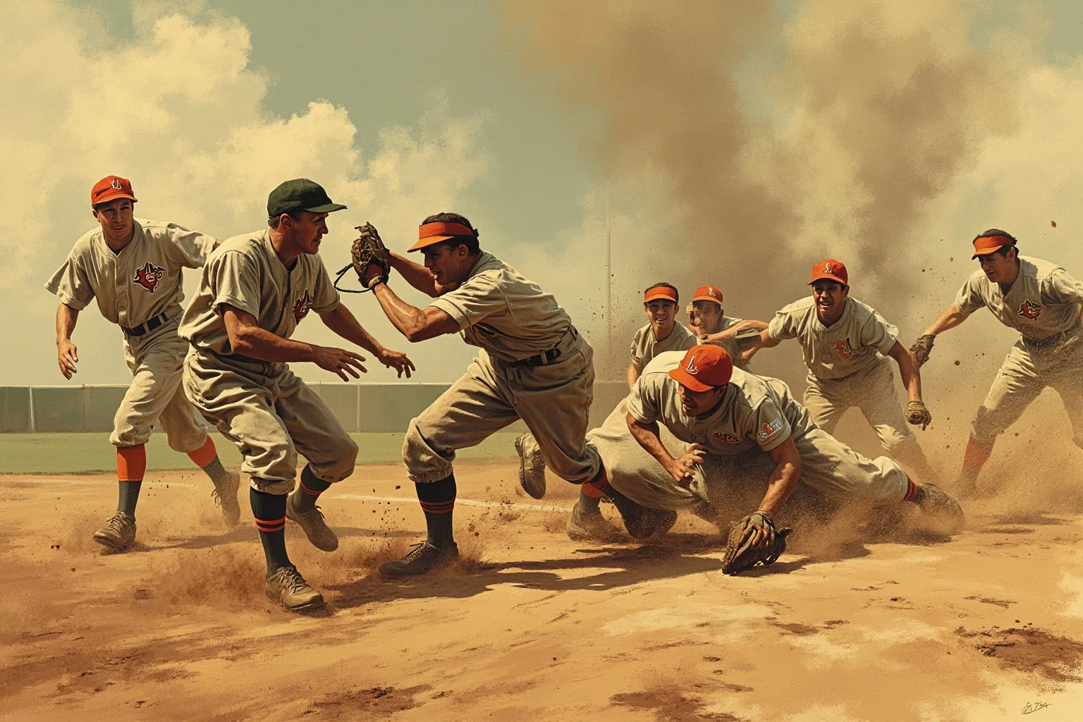 Biggest Brawls In Baseball History 4 1930s-era baseball team in dusty uniforms sliding hard and shoving opposing infielders on a dirt diamond, gritty vintage illustration style