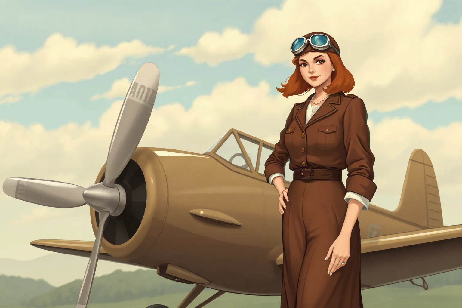 1930s female aviator standing proudly beside a small propeller airplane, illustrated style