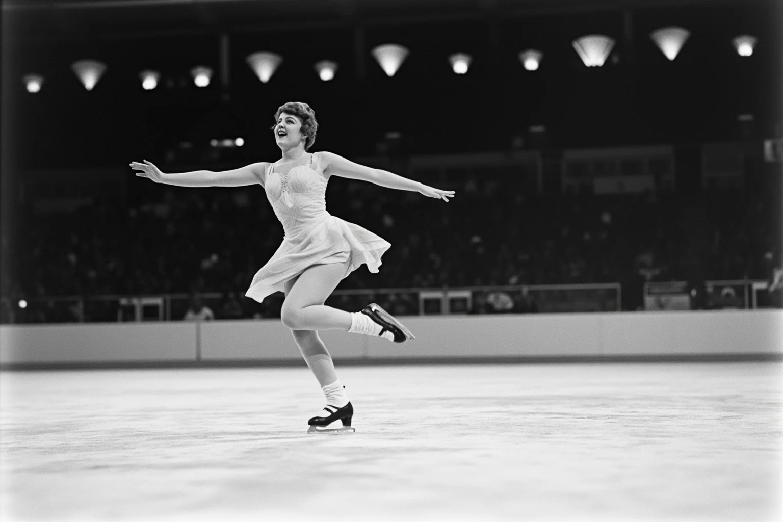 Female Athletes In History Who Changed The Game 6 1930s female figure skater mid-spin on outdoor ice rink wearing a short skating skirt, art-deco stadium lights in background