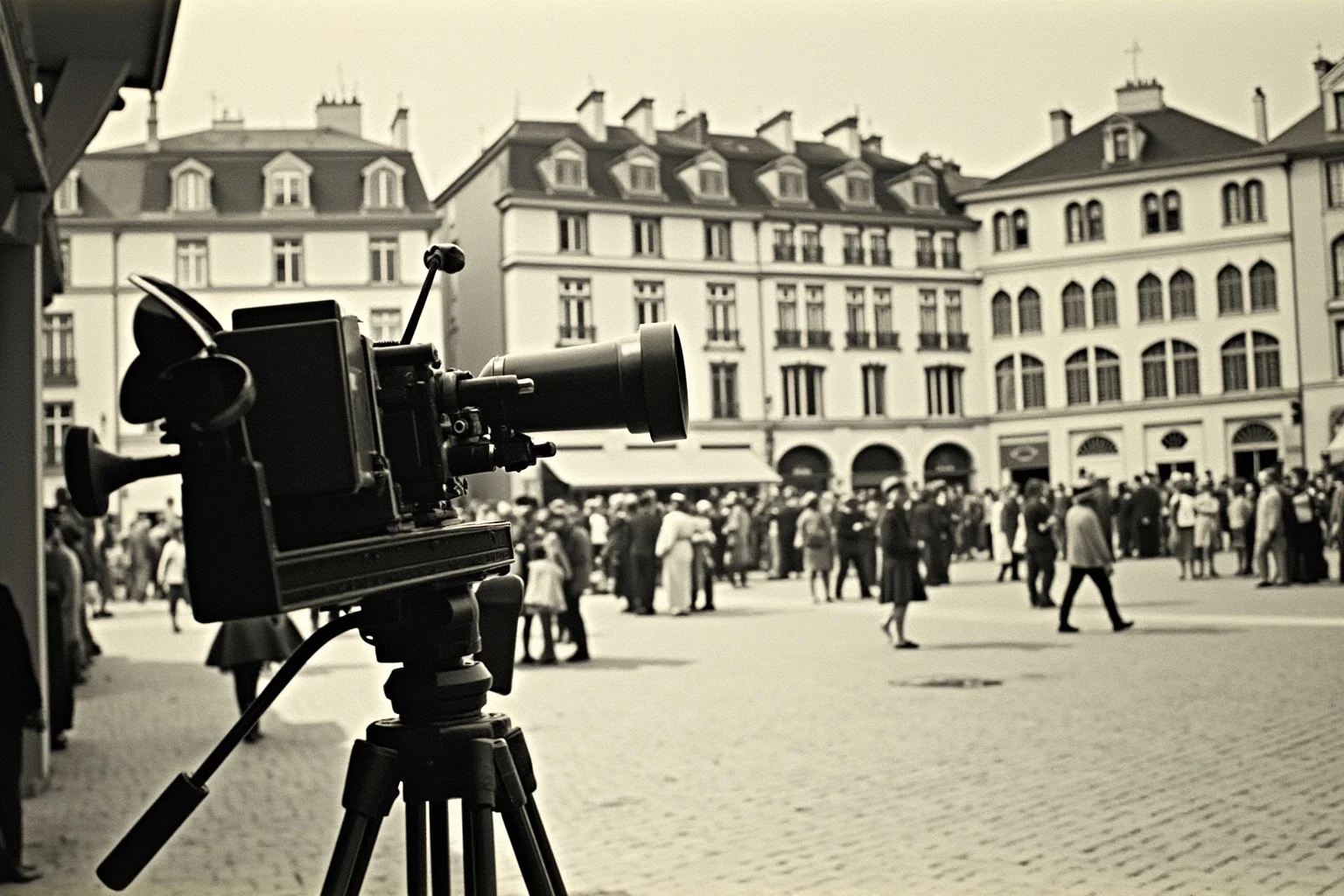 Public Executions Were Once The Most Attended Events In Town — Here's What That Says About Us 20 1930s French town square with an old film camera on a tripod facing a crowd, illustrative style