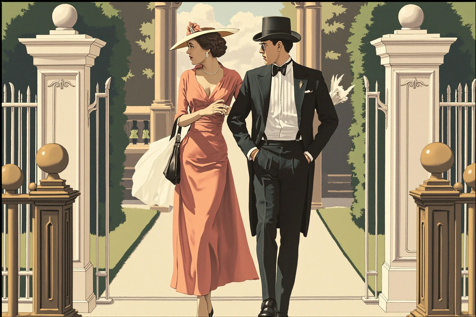 Star-Crossed Lovers: The 22 Greatest Historical Romances Ever 9 1930s illustration of a well-dressed couple walking away from a grand palace gate, elegant vintage fashion