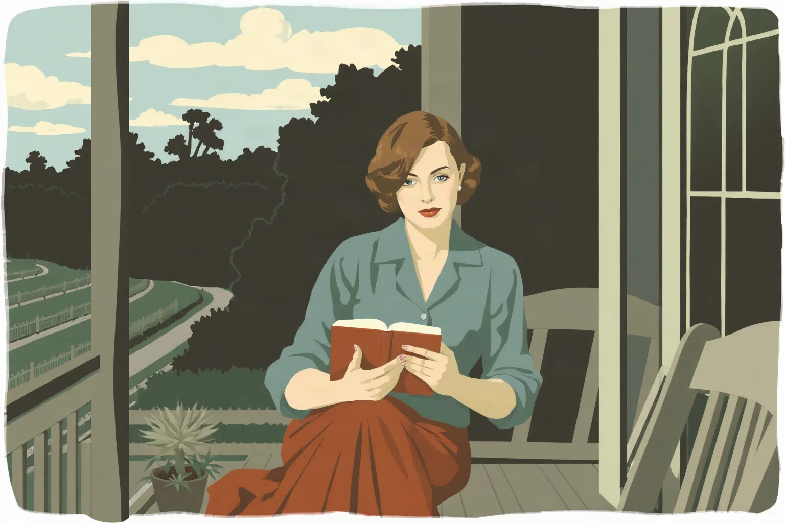 1930s illustration of a woman writer with a notebook, seated on a porch in the rural American South
