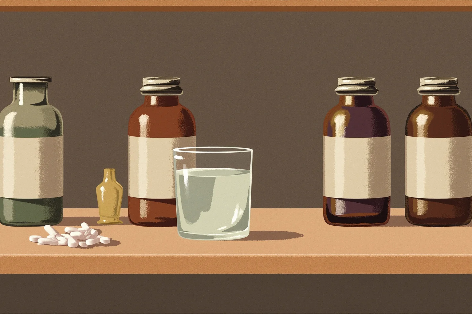 The Heartbreaking Life Story of Judy Garland: 26 Facts You Should Know 11 1930s pharmacy shelf illustration with vintage pill bottles and a glass of water, muted colors