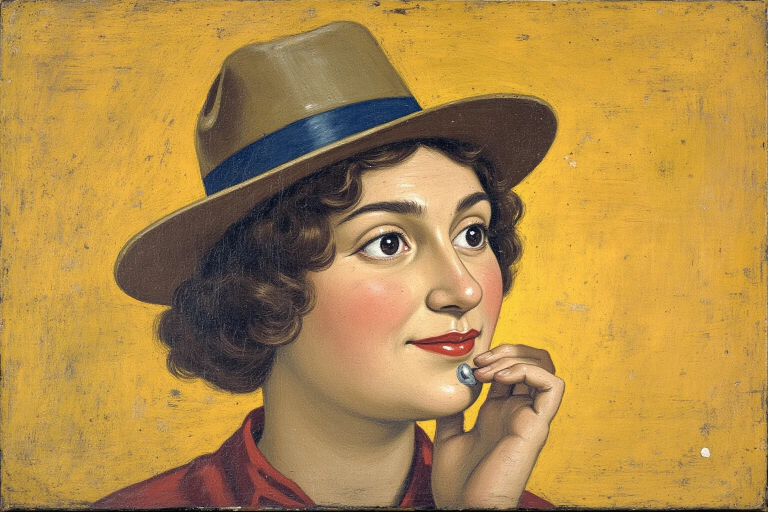 Proof of Time Travel? 20 Famous Photos, Notes, and Stories Fact-Checked 6 1930s public mural style painting of a folkloric figure holding a small object near their face, WPA art style