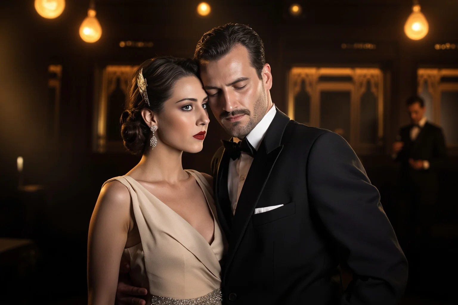 The 22 Greatest Love Stories in History 11 1930s-style elegant man in a suit and woman in an evening gown standing close together at a formal ball, art deco setting