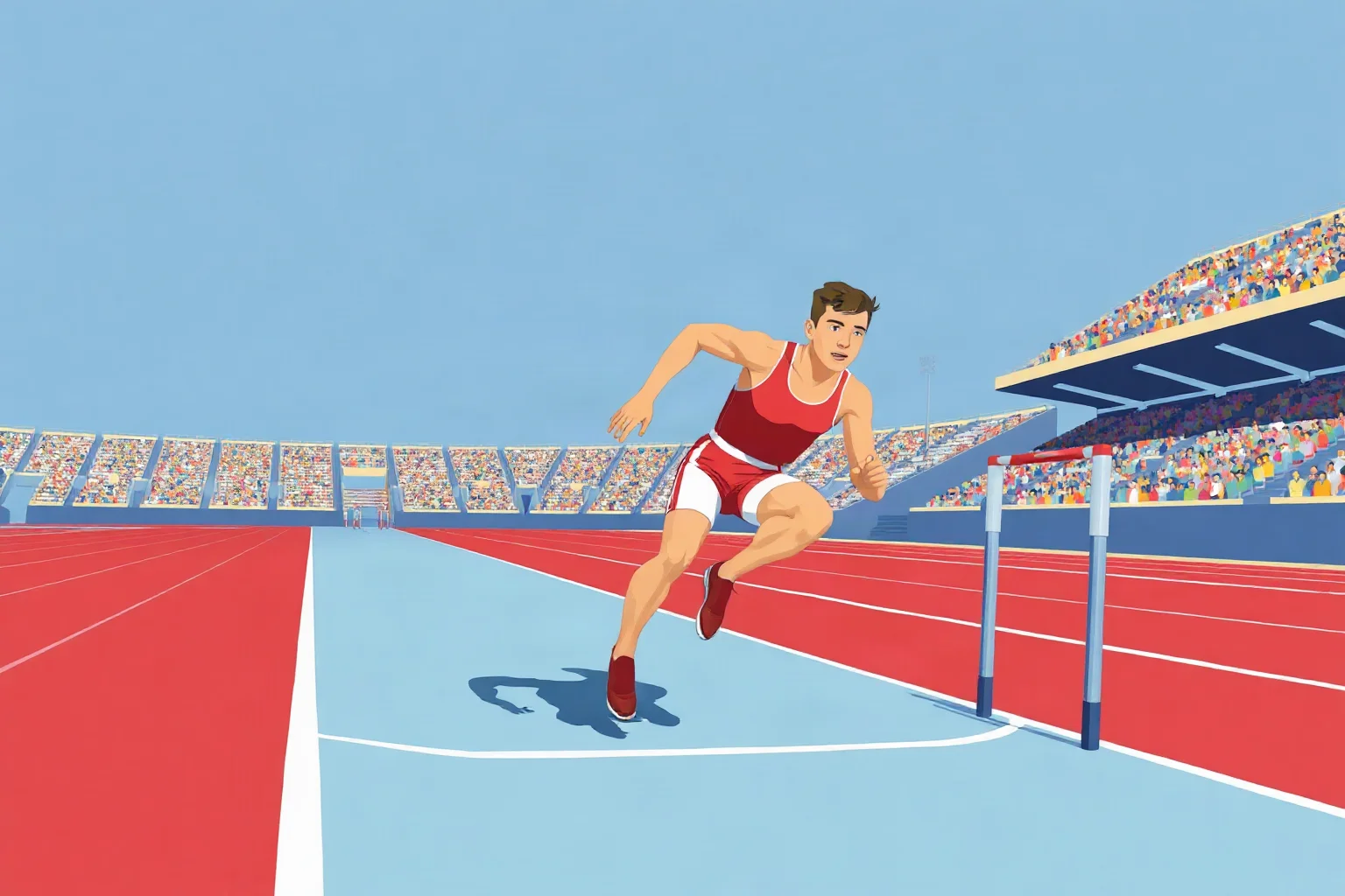 1930s-style illustration of a sprinter bursting off the starting blocks on an Olympic track