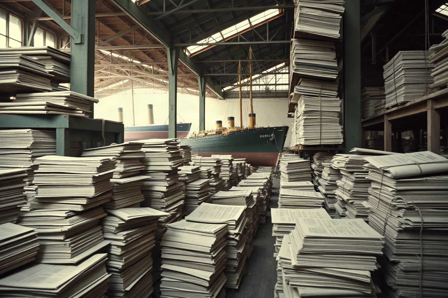 1930s warehouse filled with stacked tariff documents and trade ledgers, ships in harbor unable to dock due to trade restrictions