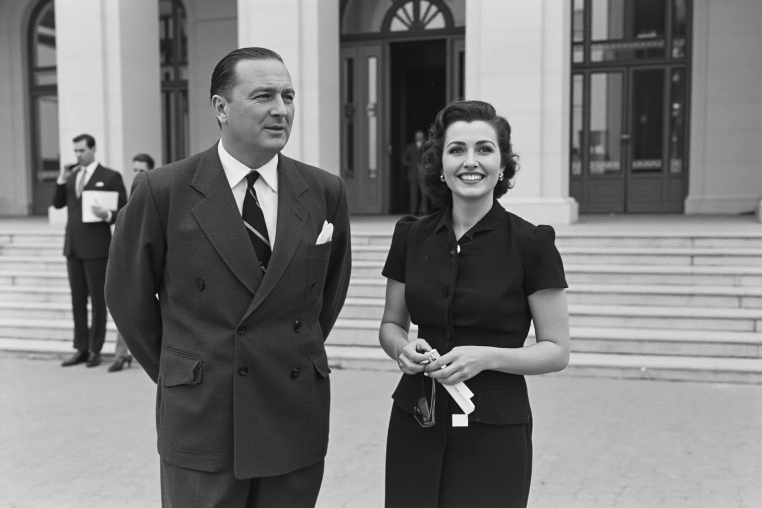 The 22 Greatest Love Stories in History 17 1940s American political couple, man in a suit and woman in elegant dress, standing together outside a grand government building