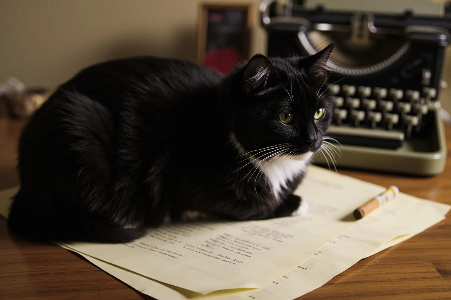 1940s detective-era writer's desk with typewriter, cigarette ashtray, and a black Persian cat sitting on manuscript pages